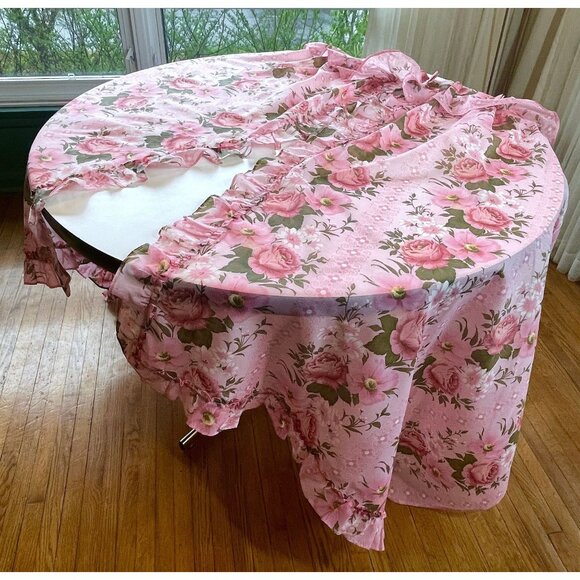 Vintage 70s pleated curtains, cabbage roses pink floral, ruffle double panels - Picture 2 of 10